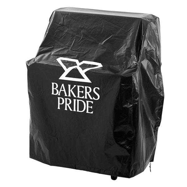 A black plastic cover with white text for a Bakers Pride Ultimate Outdoor Charbroiler.