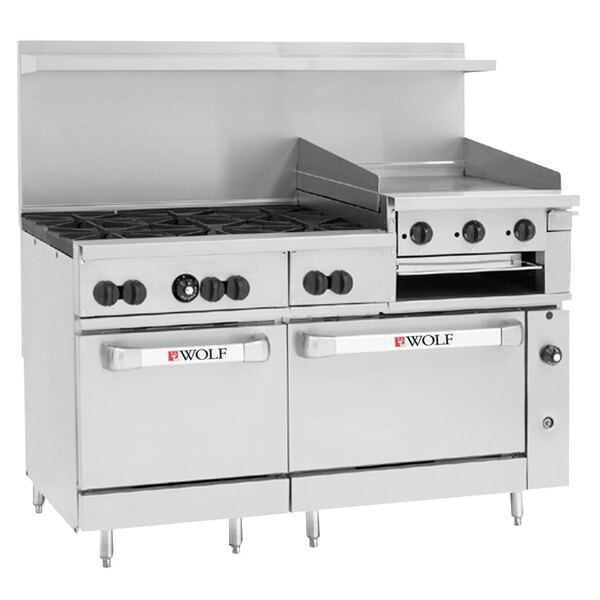 A Wolf commercial natural gas range with 6 burners, a griddle, and 2 ovens.