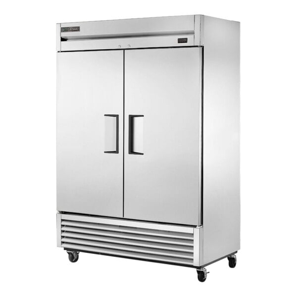 A stainless steel True reach-in refrigerator with two doors.