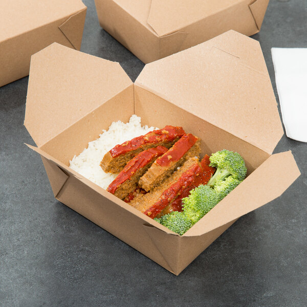 A Fold-Pak Bio-Plus Earth #8 take-out box filled with rice, meat, and broccoli.