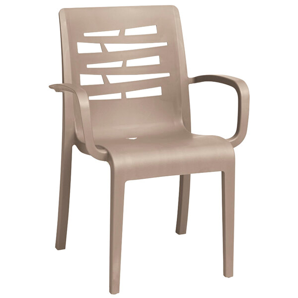 A Grosfillex Essenza Taupe plastic arm chair.