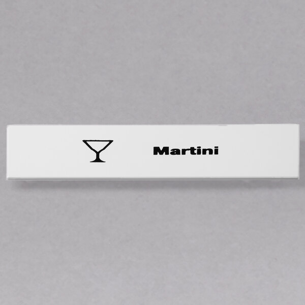 A white box with a martini glass on a black and white label.