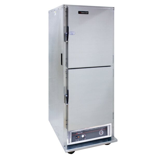 A stainless steel Cres Cor hot holding cabinet with solid Dutch doors.