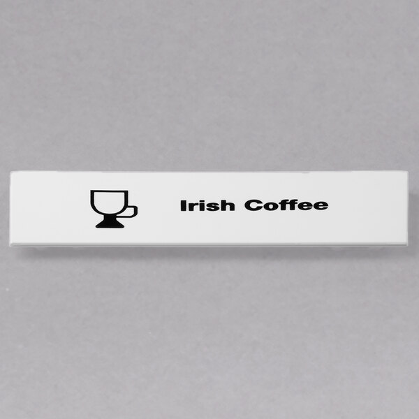 A white rectangular Cambro ID clip with black text reading "Irish Coffee" on it.