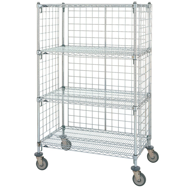 A Metro Super Erecta wire slanted shelf cart with wheels.