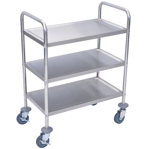 A Luxor stainless steel 3 shelf utility cart with wheels.