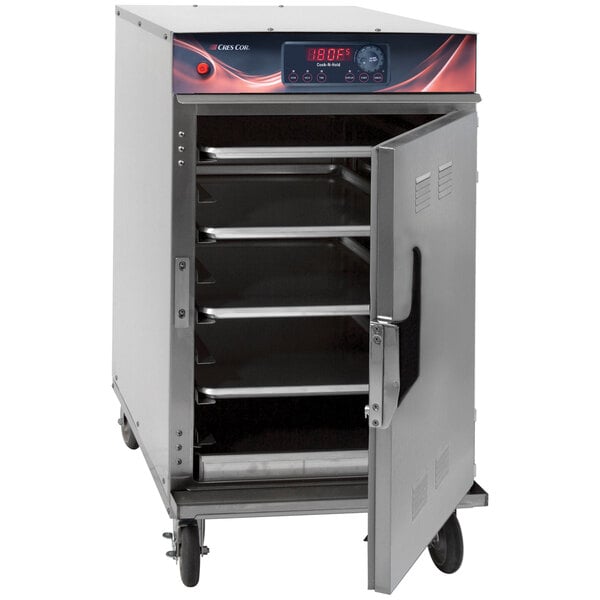 A large stainless steel Cres Cor cook and hold oven with shelves and wheels.