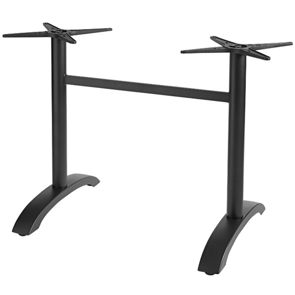 A black Grosfillex aluminum table base with two legs.