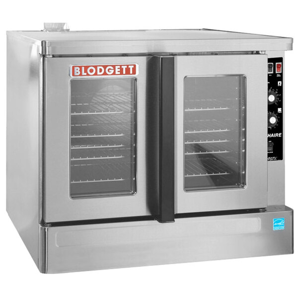 A Blodgett stainless steel commercial convection oven with two glass doors.