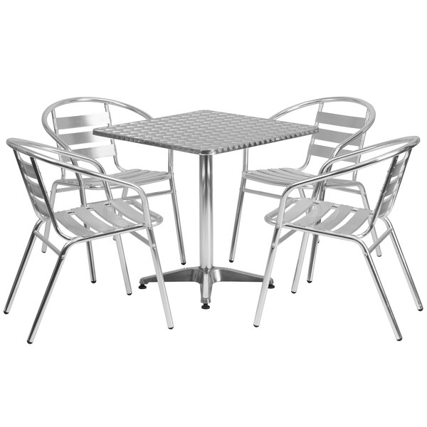 A Flash Furniture square aluminum table with 4 slat back chairs around it.