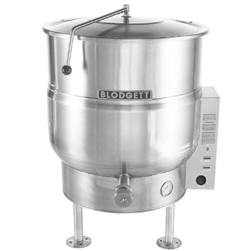 A close-up of a large stainless steel Blodgett steam kettle with a lid.