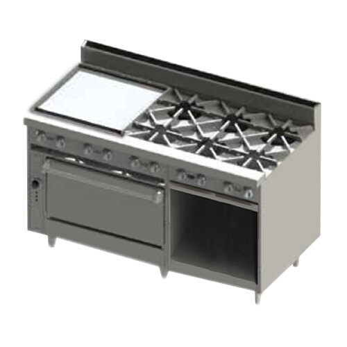 A Blodgett stainless steel liquid propane range with a griddle, oven, and cabinet base.