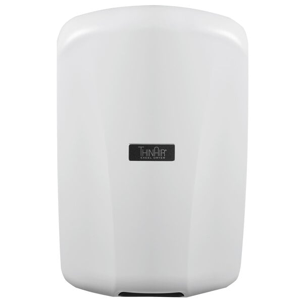 A white Excel ThinAir hand dryer with a black label.