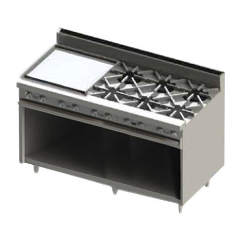 A Blodgett stainless steel gas range with 6 burners, a griddle, and a cabinet.