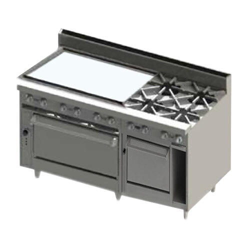 A large stainless steel Blodgett commercial range with two burners, a convection oven, and a standard oven.