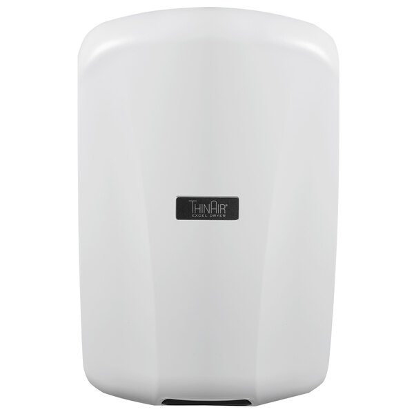 A white Excel ThinAir hand dryer with black text.