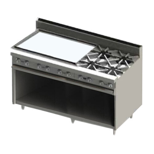 A Blodgett stainless steel commercial gas range with two burners, a griddle, and a cabinet base.
