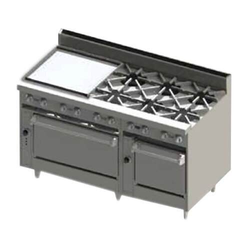 A large stainless steel Blodgett commercial gas range with a griddle and double oven.