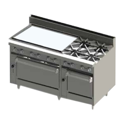 A Blodgett natural gas range with griddle and double oven drawers.