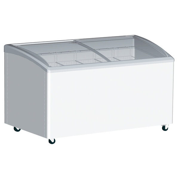 A white Excellence VB-4LHC display freezer with a clear curved glass top.
