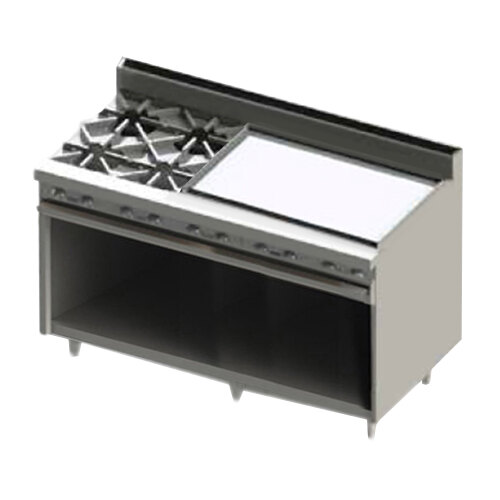 A Blodgett stainless steel liquid propane range with two burners on the right and a griddle on the left.