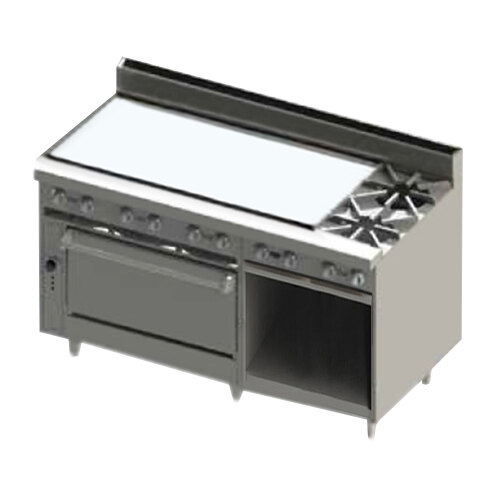 A Blodgett natural gas range with two burners, a griddle, and a cabinet base.