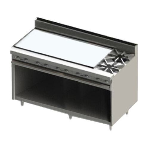 A Blodgett natural gas range with a griddle over a cabinet base.