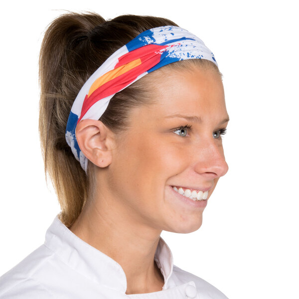 A woman wearing a Colorado Full Ultra Band headband over her forehead.