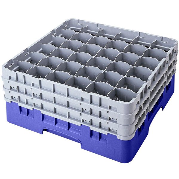 A blue plastic Cambro glass rack with 36 compartments and 6 extenders.