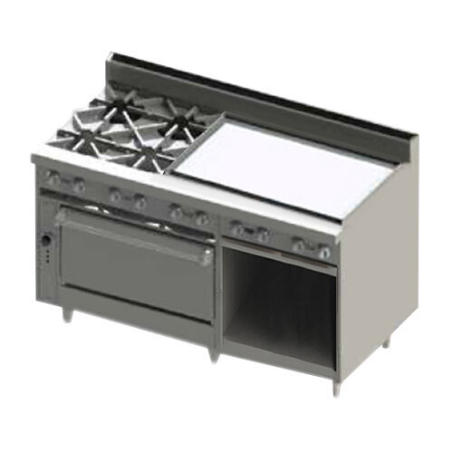 A Blodgett natural gas range with two burners on a counter in a professional kitchen.