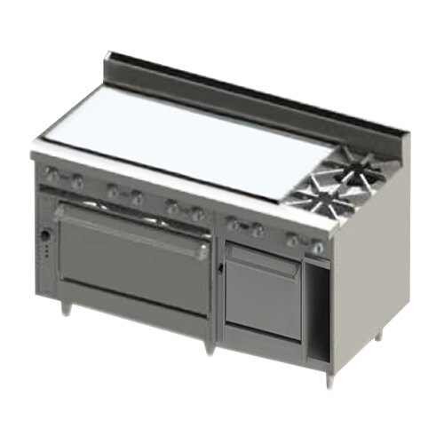 A stainless steel Blodgett commercial range with two burners, a griddle, and ovens.