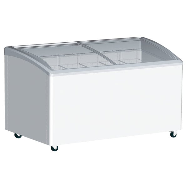 A white Excellence curved lid display freezer with a clear top.
