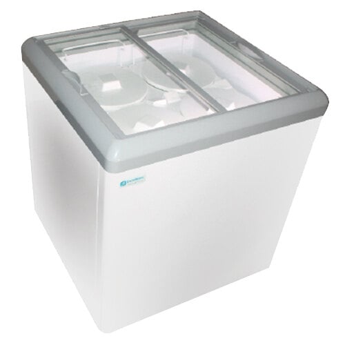 A white freezer with a glass top and two open glass doors.