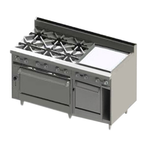 A Blodgett natural gas range with 6 burners, a gridle, and 2 ovens.