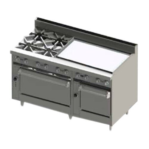 A large stainless steel Blodgett natural gas range with two burners and a griddle over two ovens.