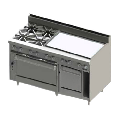 A large stainless steel Blodgett liquid propane range with 4 burners, a right side griddle, and 2 ovens.