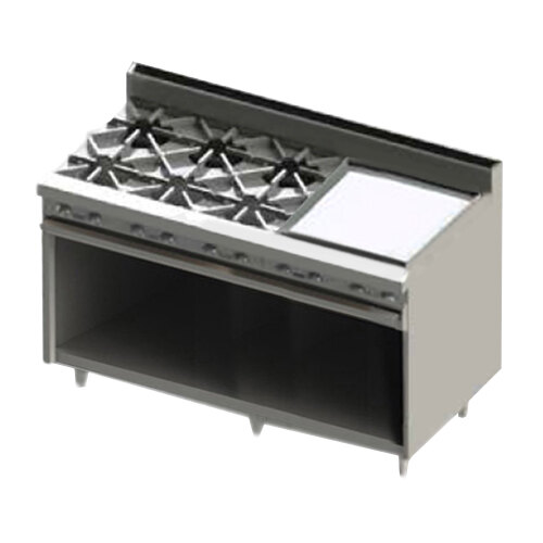A stainless steel Blodgett range with 6 burners and a griddle.