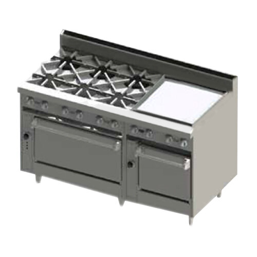 A large stainless steel Blodgett range with a griddle, range, and double oven.