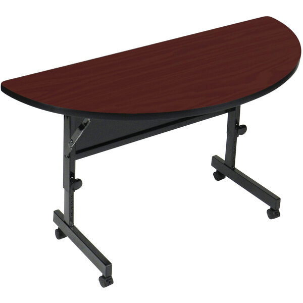 A Correll half round seminar table with a curved cherry wood top and black base.