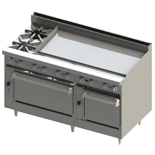 A large stainless steel Blodgett commercial range with two ovens and two burners.