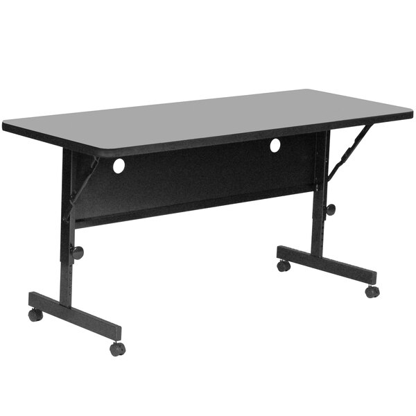 A gray rectangular table with wheels.
