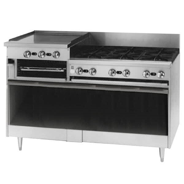 A large stainless steel Blodgett commercial range with 6 burners, a griddle, and a broiler.