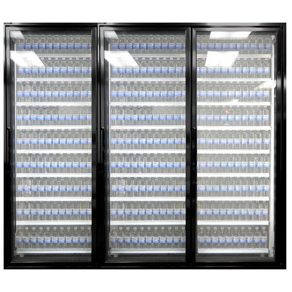Styleline Classic Plus walk-in cooler glass doors with shelving full of water bottles.