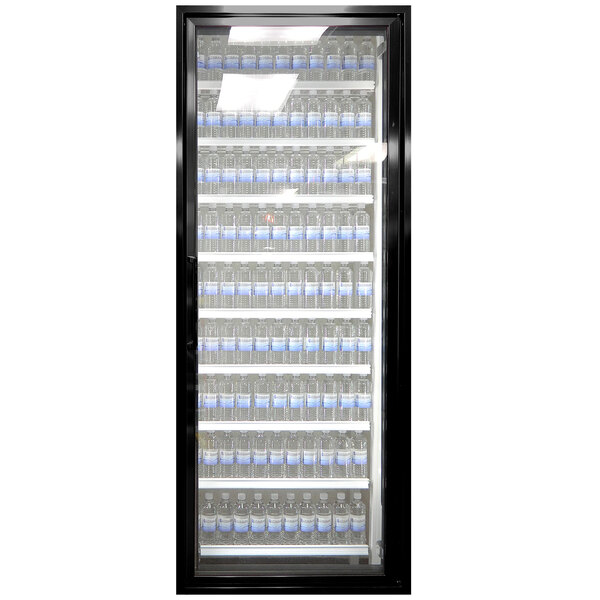 A Styleline black walk-in cooler door with shelving filled with bottles of water.