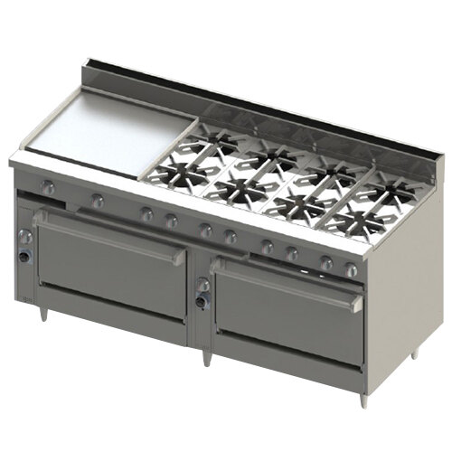 A large stainless steel Blodgett natural gas range with 8 burners, a left griddle, a convection oven, and a standard oven.