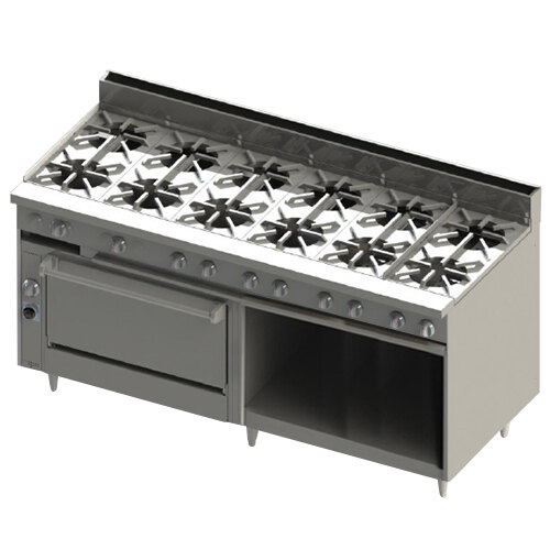 A large stainless steel Blodgett range with 12 burners and oven.