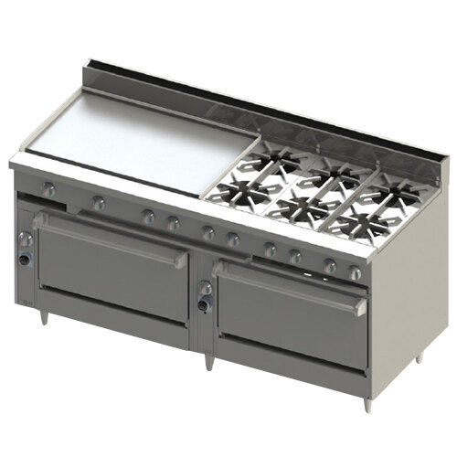 A large stainless steel Blodgett range with 6 burners, a griddle, and 2 ovens.