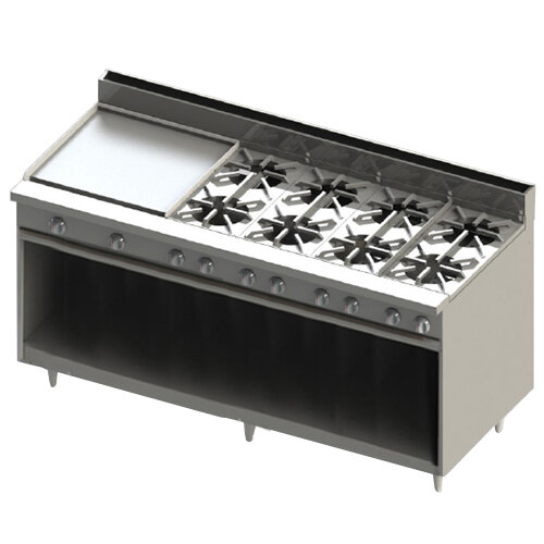 A Blodgett natural gas range with 8 burners, a griddle, and a cabinet.