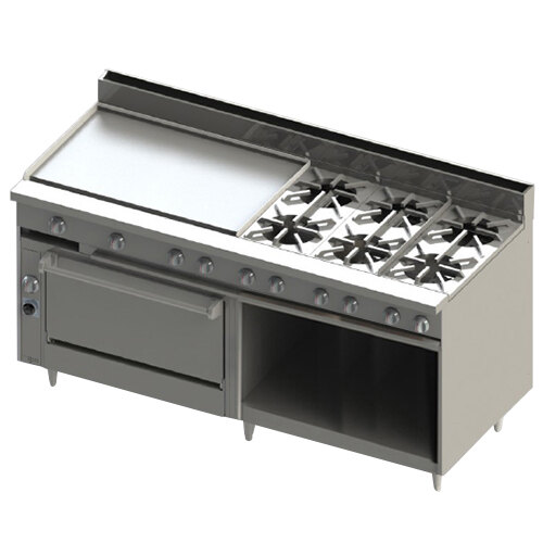 A large stainless steel Blodgett liquid propane range with 6 burners and a griddle over a cabinet base.
