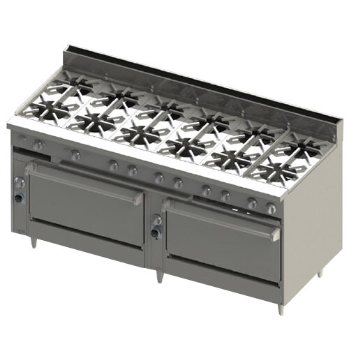 A large stainless steel Blodgett range with 12 burners and 2 ovens.